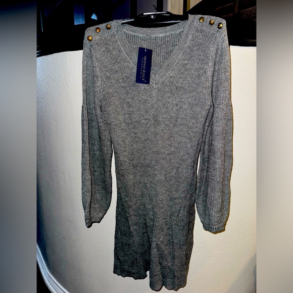 Grey knit sweater dress new with tags, bronze buttons, size L - Picture 1 of 2